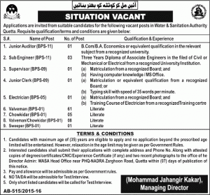 WASA Water and Sanitation Authority Quetta Jobs 2016 Terms & Condition Form Download Last Date