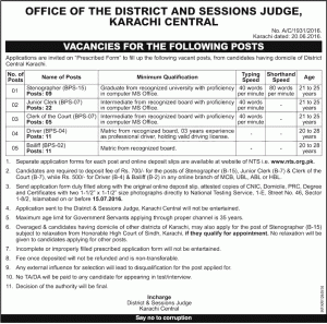 District and Session Court Karachi Central Jobs 2016 NTS Registration Form Eligibility Criteria Last Date