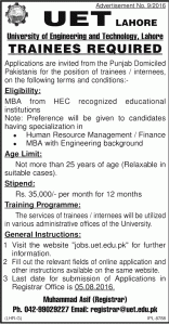 UET Lahore Trainee Internee Jobs 2016 Eligibility Criteria Application Form Download Procedure
