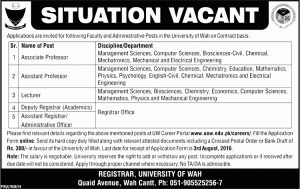 University of Wah Apply Online For Jobs 2016 Test Interview Date and Schedule Eligibility Criteria