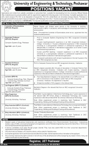 UET Peshawar Jobs 2016 Application Form Last Date of Submission Test Interview Eligibility Criteria