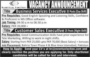 Eventus Faction Islamabad Jobs 2016 Rawalpindi Business Services & Customer Sales Executives Registration Form