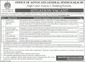 Office of Advocate General Sindh Jobs 2016 Application Form High Court Annexe-I Karachi