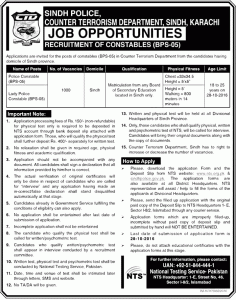 Counter Terrorism Department CTD Sindh Police Jobs 2016 NTS Application Form Download