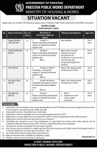 Pakistan Public Works Department Islamabad Jobs 2016 PTS Test Application Form
