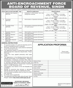 Board of Revenue Anti-Encroachment Force Sindh Jobs 2016 Application Form Submission